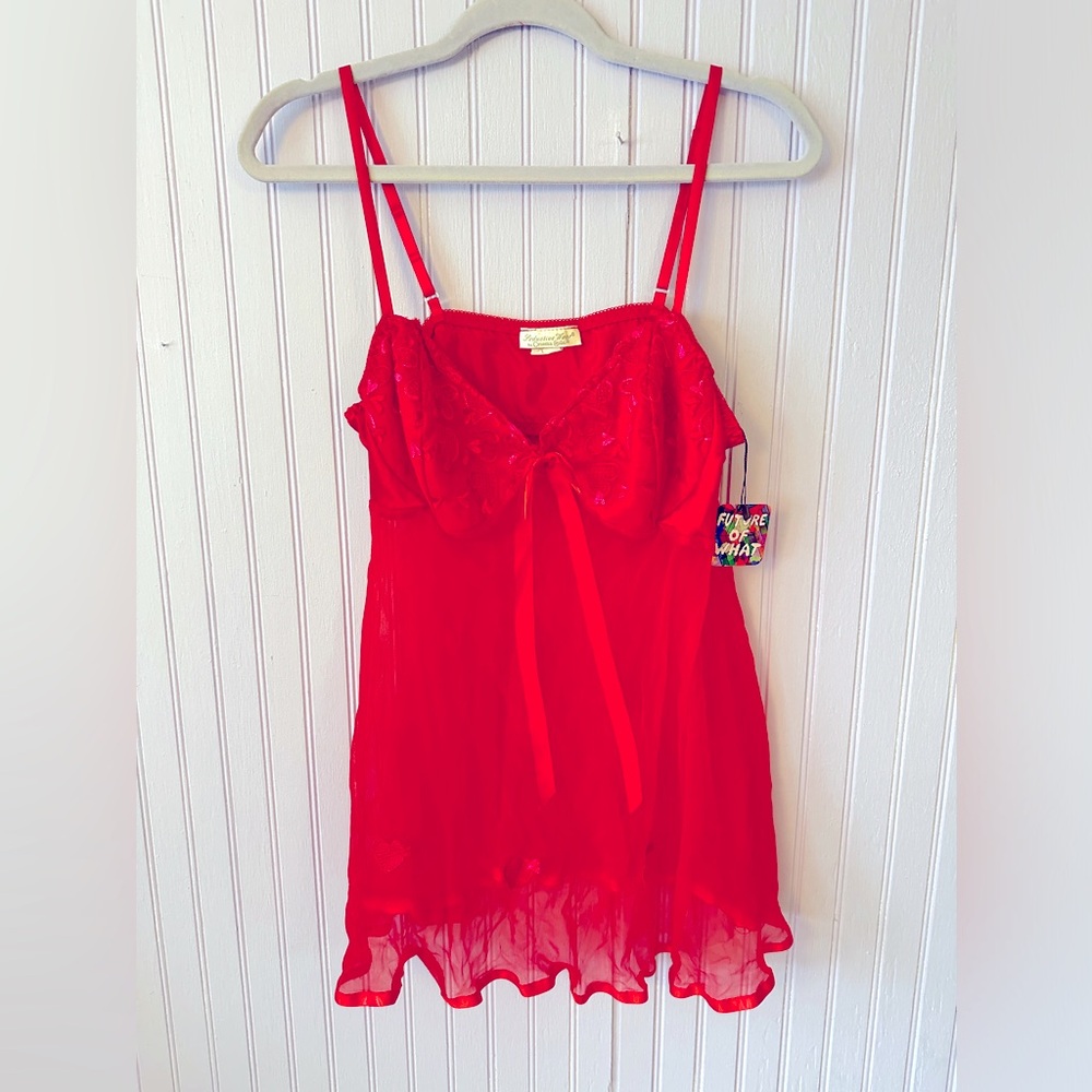 Y2K red sheer lingerie cami top embroidered hearts